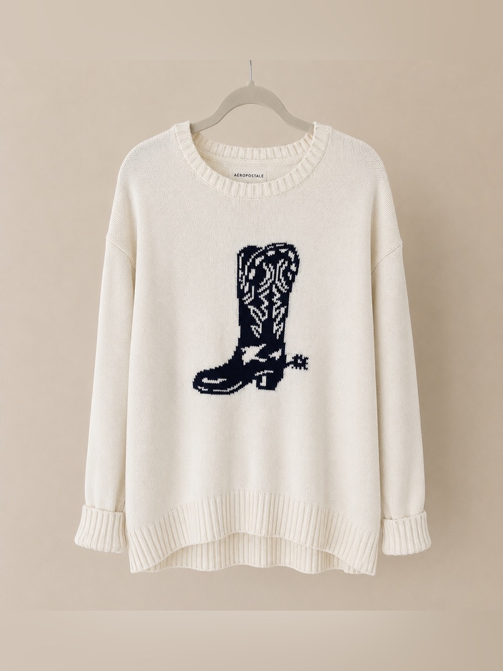 Cowgirl Boot Oversized Crew Sweater Cream Navy Western Knit large